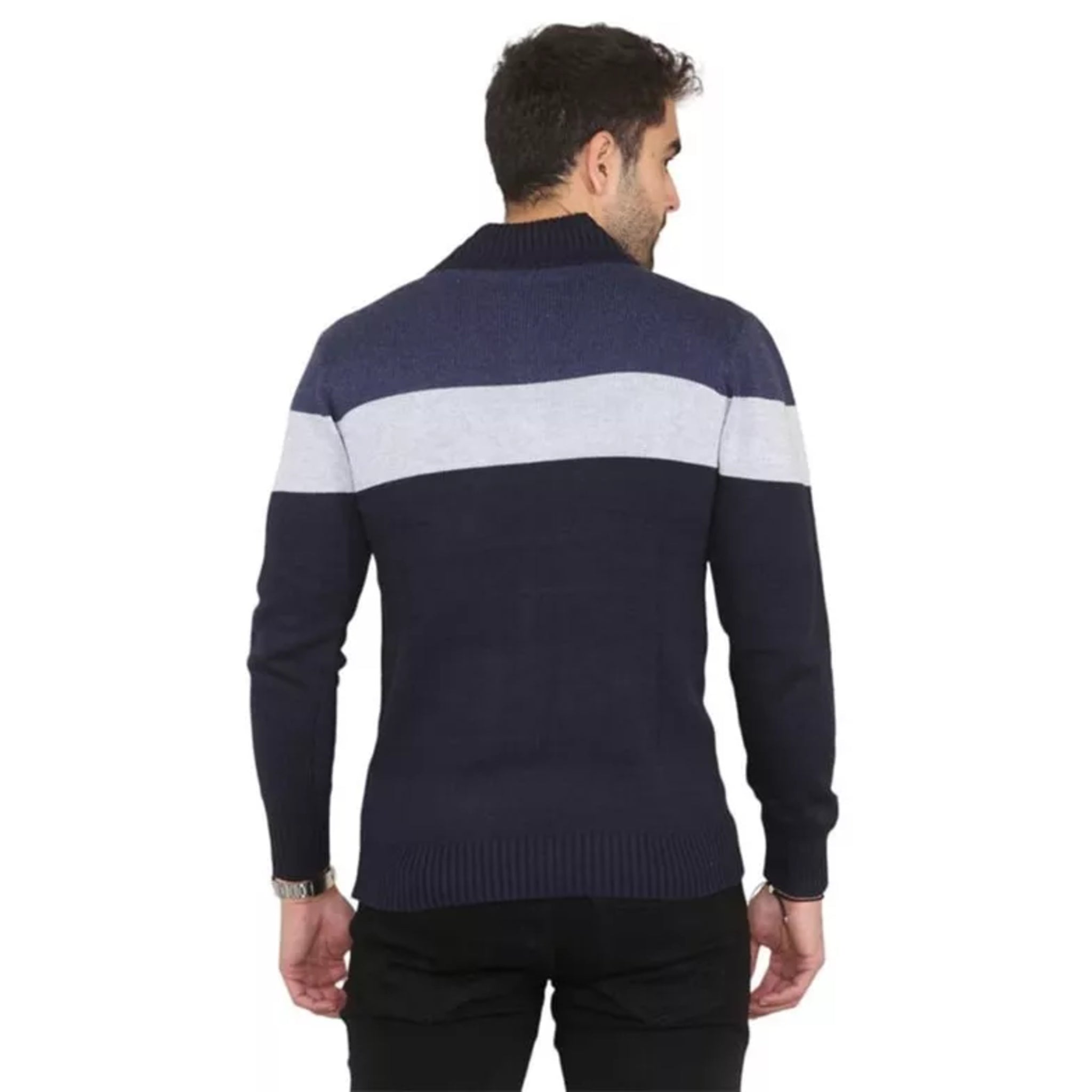 Men's blue and grey colour block 1/4 zip cotton jumper with high collar